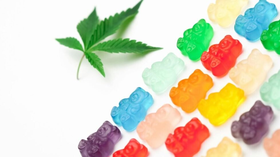 photo assorted colored gummy bears on white background